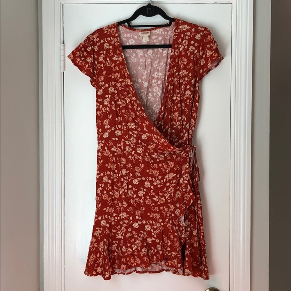 Red flowy flower wrap dress